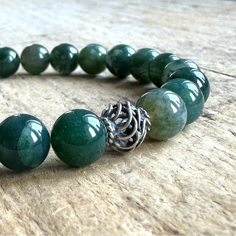 Forest Green Moss Agate Gemstone Bracelet Sterling Silver Accent Bead Unisex 8mm - Picture 3 of 4